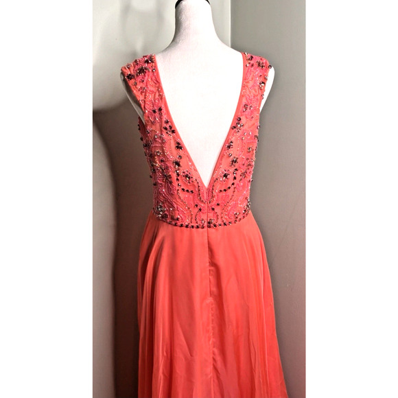 Sherri Hill Coral Beaded Chiffon Evening Prom Gown Size 16 – Sleeveless A-Line - Picture 4 of 9